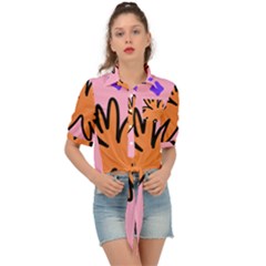 Doodle Flower Sparkles Orange Pink Tie Front Shirt  by Cemarart