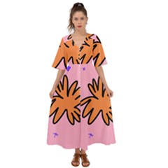 Doodle Flower Sparkles Orange Pink Kimono Sleeve Boho Dress