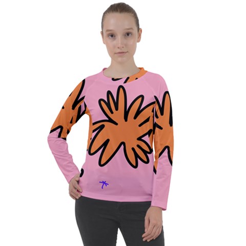 Doodle Flower Sparkles Orange Pink Women s Long Sleeve Raglan T-shirt by Cemarart