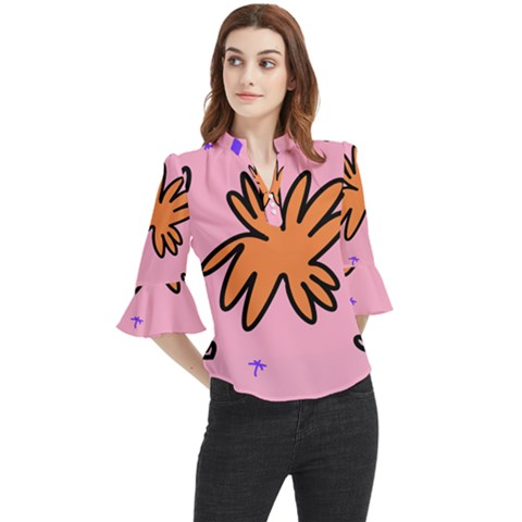 Doodle Flower Sparkles Orange Pink Loose Horn Sleeve Chiffon Blouse by Cemarart