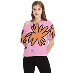 Doodle Flower Sparkles Orange Pink One Shoulder Cut Out T-shirt by Cemarart