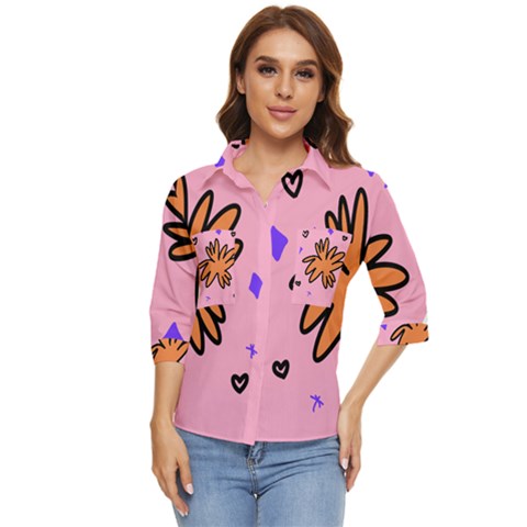 Doodle Flower Sparkles Orange Pink Women s Quarter Sleeve Pocket Shirt by Cemarart