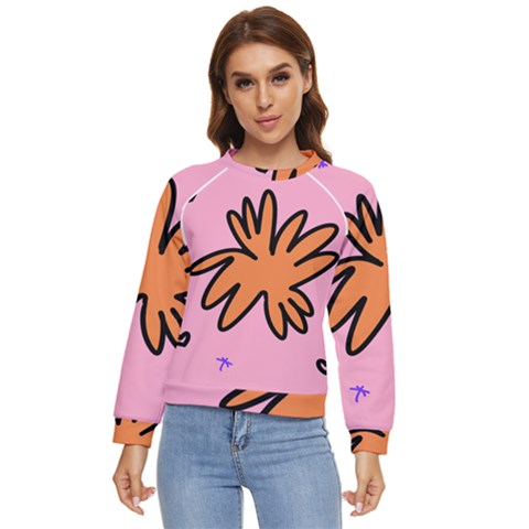 Doodle Flower Sparkles Orange Pink Women s Long Sleeve Raglan T-shirt by Cemarart