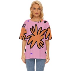 Doodle Flower Sparkles Orange Pink Oversized Basic T-shirt by Cemarart