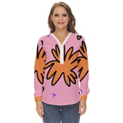 Doodle Flower Sparkles Orange Pink Zip Up Long Sleeve Blouse