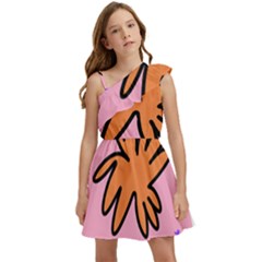 Doodle Flower Sparkles Orange Pink Kids  One Shoulder Party Dress by Cemarart