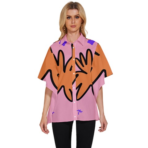 Doodle Flower Sparkles Orange Pink Women s Batwing Button Up Shirt by Cemarart