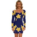 Doodle Flower Leaves Plant Design Long Sleeve Square Neck Bodycon Velvet Dress View1