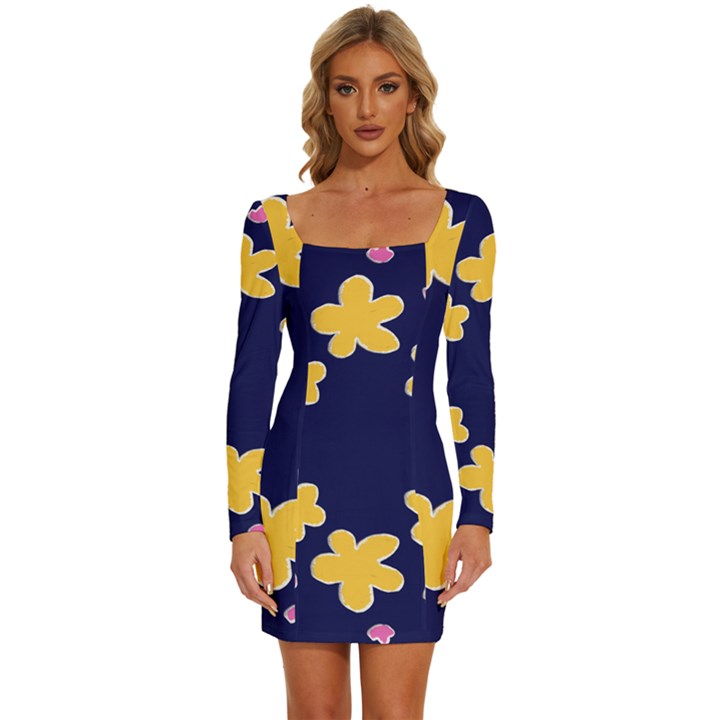 Doodle Flower Leaves Plant Design Long Sleeve Square Neck Bodycon Velvet Dress