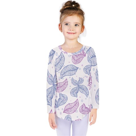 Boho Bohemian Leaves Branch Beige Kids  Long Sleeve T-shirt by Cemarart