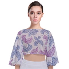 Leaves Line Art Background Tie Back Butterfly Sleeve Chiffon Top by Cemarart