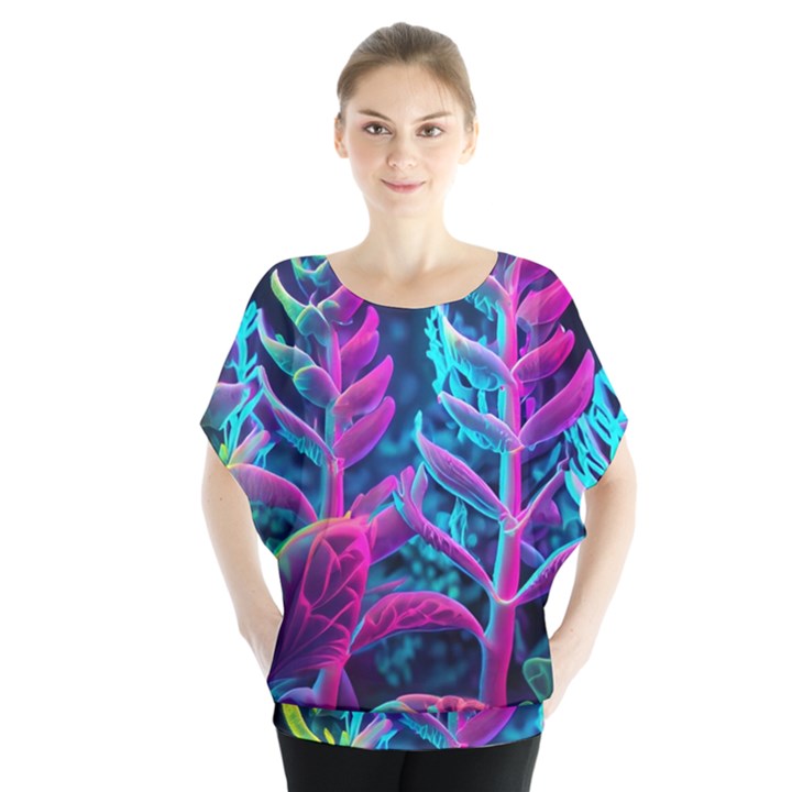 Spring Flower Neon Wallpaper Batwing Chiffon Blouse