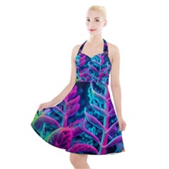 Spring Flower Neon Wallpaper Halter Party Swing Dress  by Cemarart