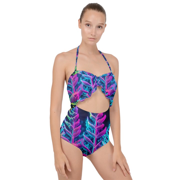 Spring Flower Neon Wallpaper Scallop Top Cut Out Swimsuit