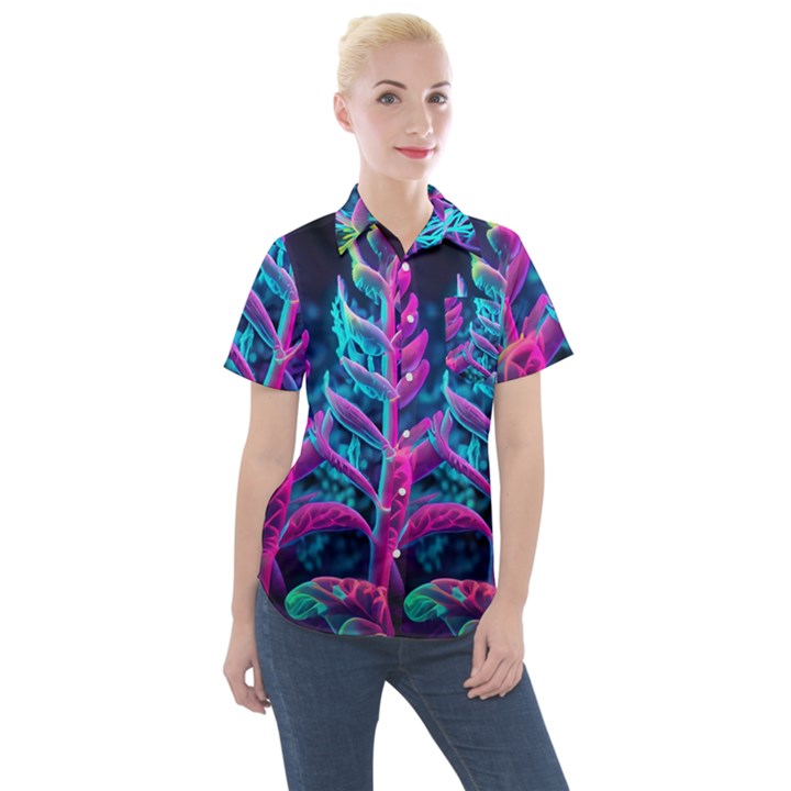 Spring Flower Neon Wallpaper Women s Short Sleeve Pocket Shirt