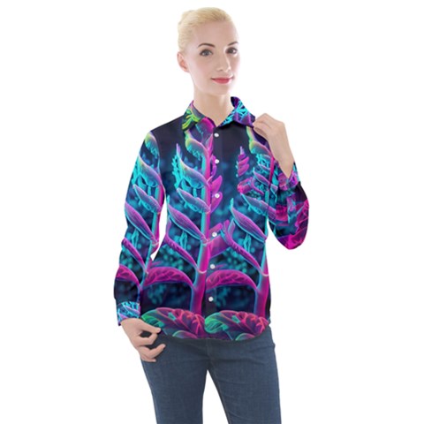 Spring Flower Neon Wallpaper Women s Long Sleeve Pocket Shirt by Cemarart