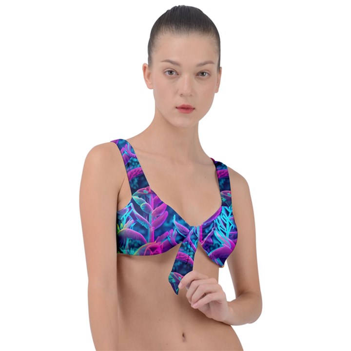 Spring Flower Neon Wallpaper Front Tie Bikini Top