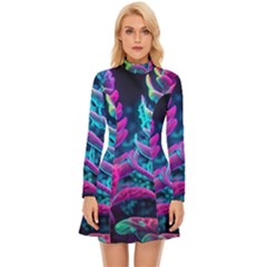 Spring Flower Neon Wallpaper Long Sleeve Velour Longline Dress by Cemarart