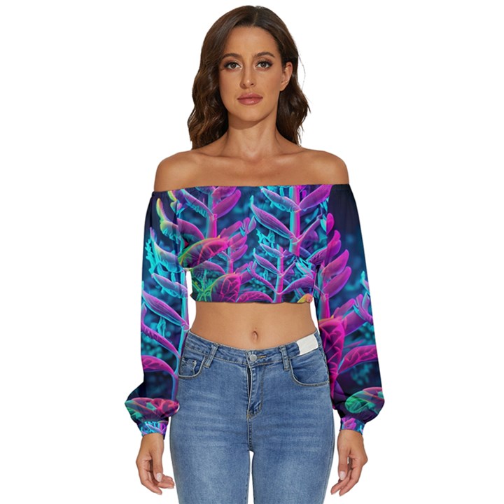 Spring Flower Neon Wallpaper Long Sleeve Crinkled Weave Crop Top