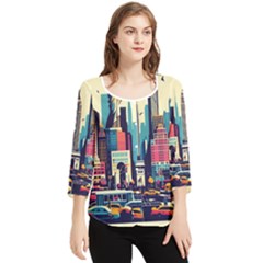 Skyscrapers City Usa Chiffon Quarter Sleeve Blouse by Cemarart