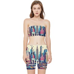 Skyscrapers City Usa Stretch Shorts And Tube Top Set by Cemarart