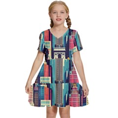 Skyscrapers City Usa Kids  Short Sleeve Tiered Mini Dress by Cemarart