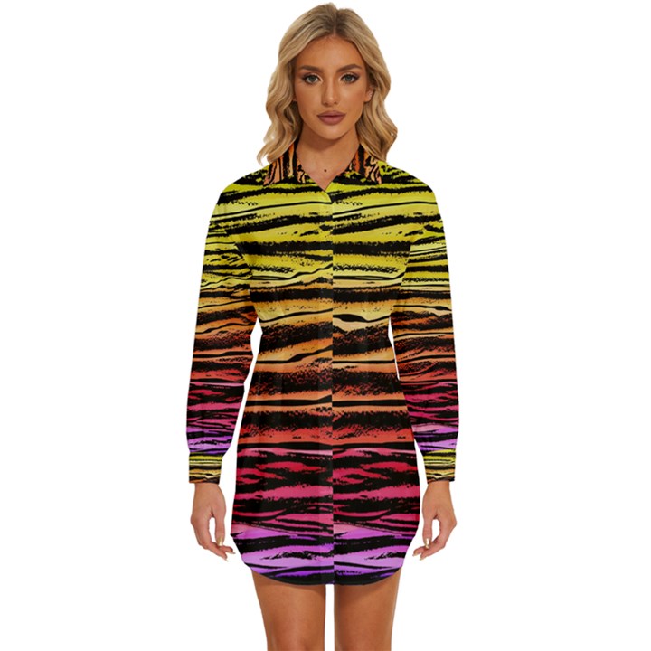 Rainbow Wood Digital Paper Pattern Womens Long Sleeve Shirt Dress