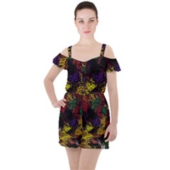 Eiffel Tower Pattern Wallpaper Ruffle Cut Out Chiffon Playsuit