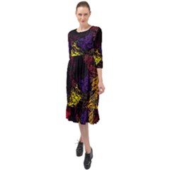 Floral Patter Flowers Floral Drawing Ruffle End Midi Chiffon Dress