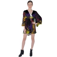 Abstract Painting Colorful V-neck Flare Sleeve Mini Dress