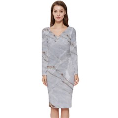 Gray Light Marble Stone Texture Background Long Sleeve V-neck Bodycon Dress  by Cemarart