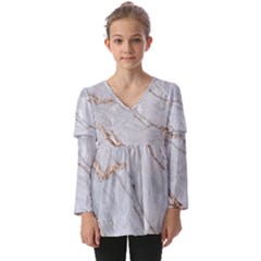 Gray Light Marble Stone Texture Background Kids  V Neck Casual Top by Cemarart