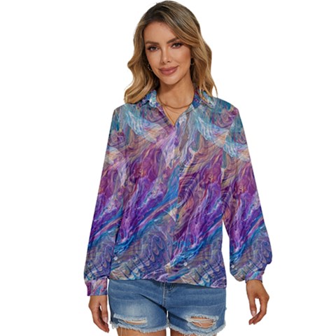 Amethyst Flow Women s Long Sleeve Button Up Shirt by kaleidomarblingart