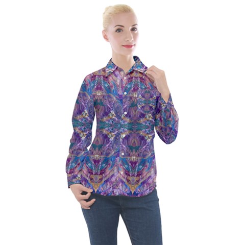 Cobalt Arabesque Women s Long Sleeve Pocket Shirt by kaleidomarblingart