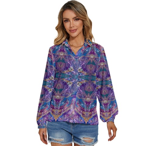 Cobalt Arabesque Women s Long Sleeve Button Up Shirt by kaleidomarblingart