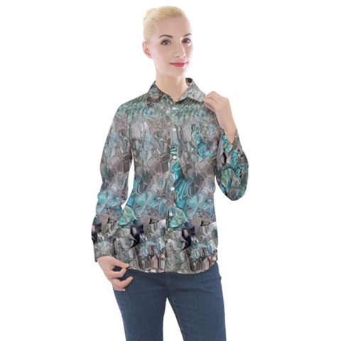 Mono Turquoise Blend Women s Long Sleeve Pocket Shirt by kaleidomarblingart