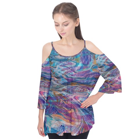 Abstarct Cobalt Waves Flutter Sleeve T-shirt  by kaleidomarblingart