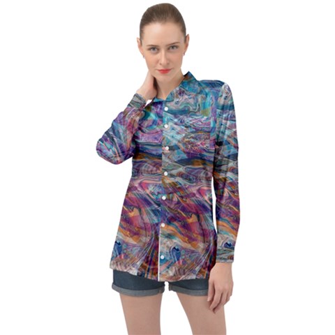 Abstarct Cobalt Waves Long Sleeve Satin Shirt by kaleidomarblingart