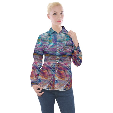 Abstarct Cobalt Waves Women s Long Sleeve Pocket Shirt by kaleidomarblingart