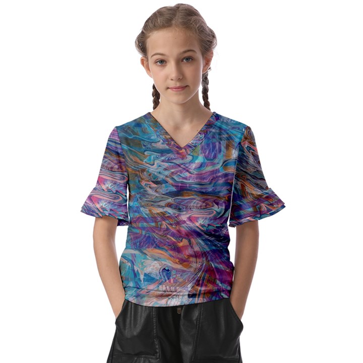 Abstarct cobalt waves Kids  V-Neck Horn Sleeve Blouse