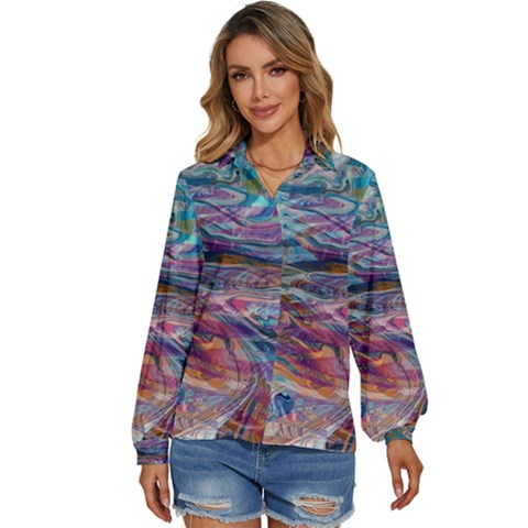 Abstarct Cobalt Waves Women s Long Sleeve Button Up Shirt by kaleidomarblingart