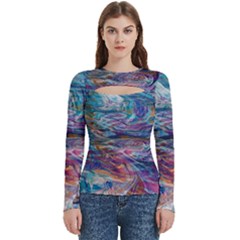 Abstarct Cobalt Waves Women s Cut Out Long Sleeve T-shirt by kaleidomarblingart