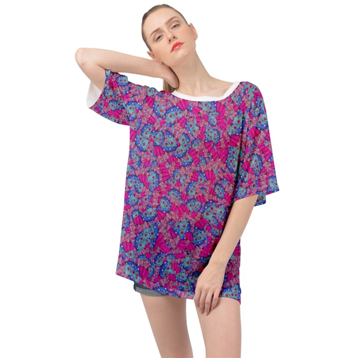 Colorful cosutme collage motif pattern Oversized Chiffon Top