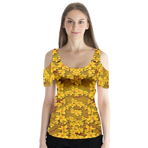 Blooming Flowers Of Lotus Paradise Butterfly Sleeve Cutout T-shirt  by pepitasart