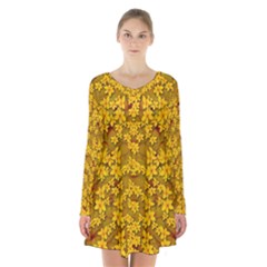 Blooming Flowers Of Lotus Paradise Long Sleeve Velvet V-neck Dress