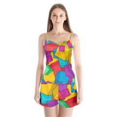 Abstract Cube Colorful  3d Square Pattern Satin Pajamas Set by Cemarart