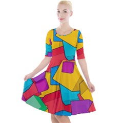 Abstract Cube Colorful  3d Square Pattern Quarter Sleeve A-line Dress by Cemarart