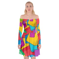 Abstract Cube Colorful  3d Square Pattern Off Shoulder Skater Dress by Cemarart