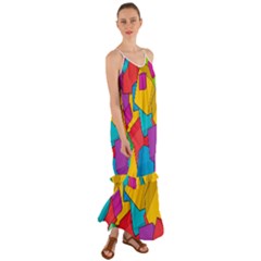 Abstract Cube Colorful  3d Square Pattern Cami Maxi Ruffle Chiffon Dress by Cemarart