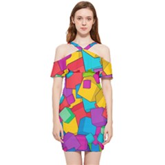 Abstract Cube Colorful  3d Square Pattern Shoulder Frill Bodycon Summer Dress by Cemarart